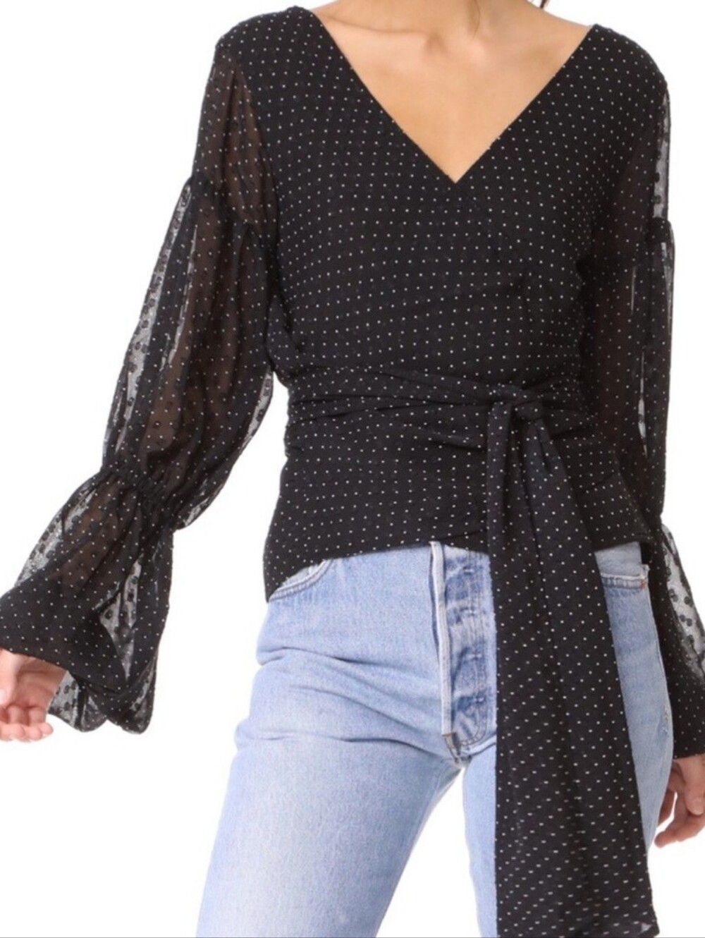 Club Monaco Black Polka Dot Side Tie Wrap Top Sheer Long Sleeve Small